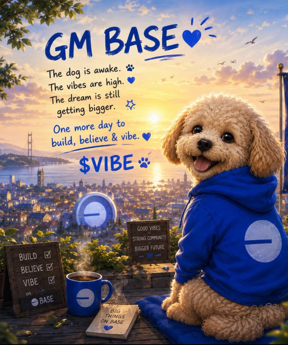 A fluffy golden doodle puppy wearing a blue hoodie with the Base logo sits against a vibrant sunset cityscape, accompanied by motivational signage featuring "GM BASE," "$VIBE," and checklists reading "BUILD," "BELIEVE," and "VIBE," perfectly capturing the Base ecosystem's community spirit and the post's message of building, believing, and vibing together.