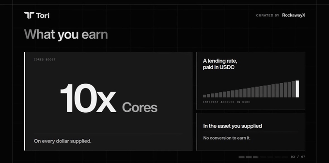 The image displays a slide titled "What you earn" from Tori, curated by RockawayX, highlighting that supplying one USDC earns 10x Cores with interest paid in USDC in the asset supplied. It visually reinforces the post's key point that depositors never convert into trUSD or strUSD—they supply USDC and receive USDC back, with yield denominated in the supplied asset.