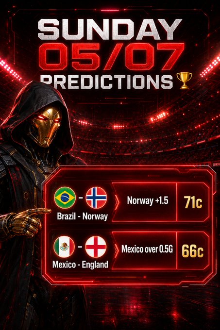 A sports betting promotional graphic titled 'SUNDAY 05/07 PREDICTIONS' featuring a hooded robotic figure. It lists two picks: Brazil vs. Norway 'Norway +1.5' at 71c, and Mexico vs. England 'Mexico over 0.5G' at 66c.
