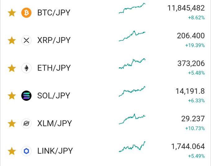 A cryptocurrency price dashboard showing BTC/JPY at 11,845,482 (+8.62%), XRP/JPY at 206.400 (+19.39%), ETH/JPY at 373,206 (+5.48%), SOL/JPY at 14,191.8 (+6.33%), XLM/JPY at 29.237 (+10.73%), and LINK/JPY at 1,744.064 (+5.49%), all with upward trend charts.