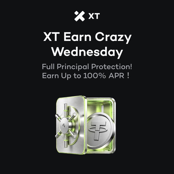 A promotional graphic for XT Earn Crazy Wednesday featuring an open vault with green lighting and a USDT coin, displaying text "XT Earn Crazy Wednesday," "Full Principal Protection!," and "Earn Up to 100% APR!" to advertise the 7-day USDT fixed-term savings product with 100% APR.