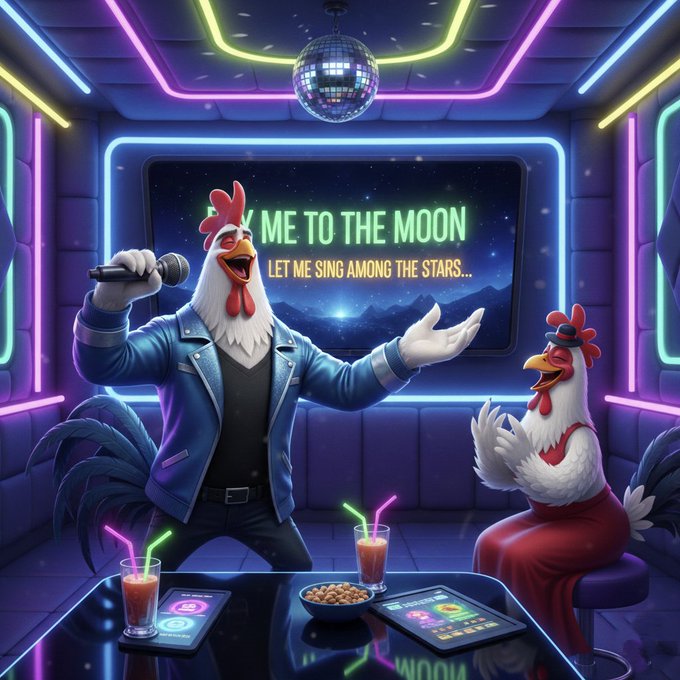 A vibrant digital illustration of an anthropomorphic rooster in a denim jacket singing karaoke with a microphone on a neon-lit stage, accompanied by a hen in a red dress, with a "Fly me to the moon" lyric display in the background.