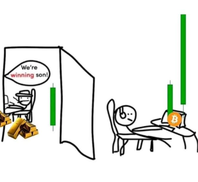 The image is a two-panel meme: on the left, a father sits at a computer inside a small room piled with gold bars, telling his son "We're winning son!" while a small green candle indicates modest gains; on the right, the son lounges on a chair with a laptop, effortlessly holding a Bitcoin next to two massive green candles, illustrating how the newer generation benefits from easier crypto gains compared to his father's harder grind.