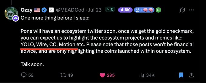 A screenshot of an X (Twitter) post by user 'Ozzy 🇺🇸 @MEADGod' dated July 23, announcing an upcoming ecosystem Twitter with a gold checkmark, with a portion of the text underlined in red stating 'those posts won't be financial advice'.