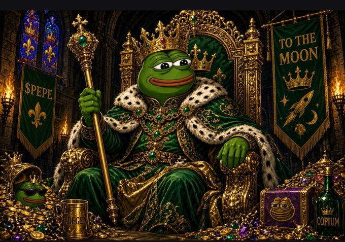Pepe the Frog depicted as a king wearing a green and gold royal robe and crown, sitting on a throne surrounded by gold coins, with banners reading 'SPEPE' and 'TO THE MOON'.