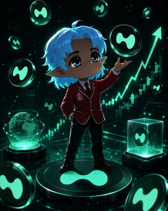 Digital illustration of a blue-haired elf-like character in a school uniform standing on a glowing circular platform, surrounded by floating green coin logos featuring a wave-like symbol, with a green candlestick chart and upward arrow in the background.