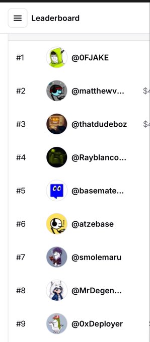 A mobile leaderboard ranking users #1 through #9, including @0FJAKE, @matthewv..., @thatdudeboz, @Rayblanco..., @basemate..., @atzebase, @smolemaru, @MrDegen..., and @0xDeployer.