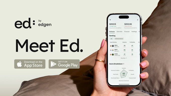 iced coffee on a bed with a phone displaying "EDGEN Meet Edg" and an app icon, accompanied by a hand holding the phone.