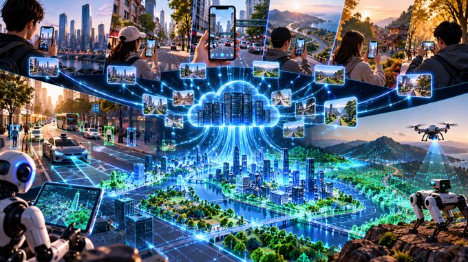 A collage showing people taking photos with smartphones, a glowing cloud network, a futuristic city, and drones, illustrating connected digital technology.