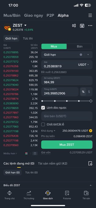 A Vietnamese-language cryptocurrency exchange app showing a limit order purchase screen for ZEST/USDT at a price of 0.25380819 USDT, with 984.99 ZEST available for purchase.