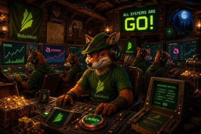 A digital illustration depicting foxes dressed as the Robinhood trading team working at computer terminals in a control room, with 'ALL SYSTEMS ARE GO!' displayed on screen.