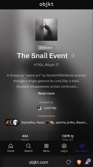 A mobile screenshot of the objkt.com NFT platform showing 'The Snail Event' collection (kT1Q1...B5ypV), a thread on 'weird art' created by Lord_iiiip with 434 items and 7.07K tez total volume.