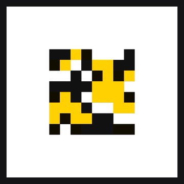 A simple pixelated icon features black and yellow blocks arranged in a glitchy pattern against a white background with a black border.