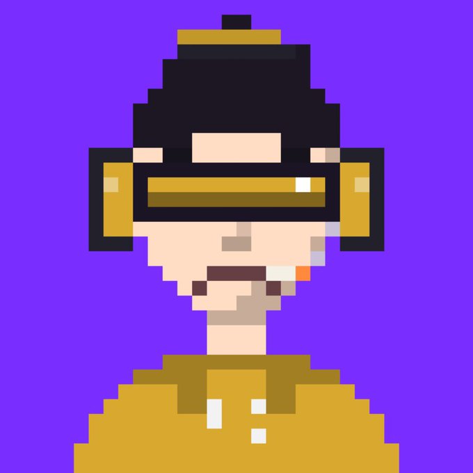 A pixel art illustration of a character wearing a yellow hoodie, a black beanie, and yellow shutter shades, set against a solid purple background.