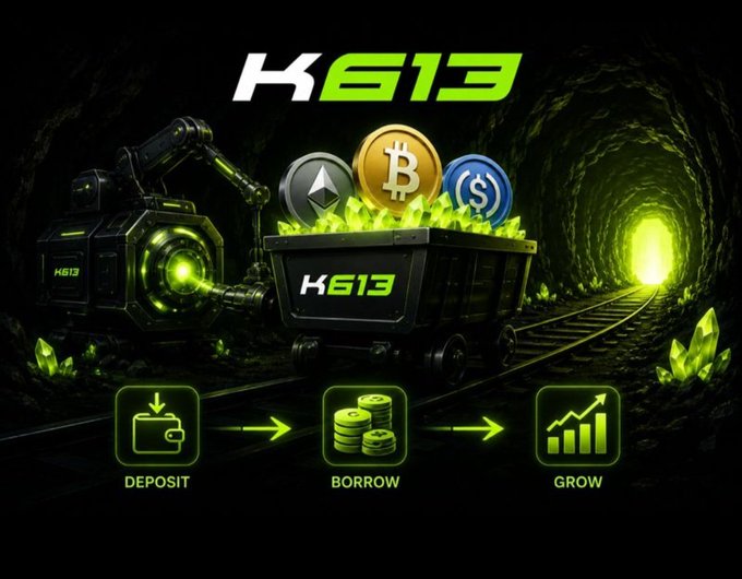 The image is a promotional graphic for K613, featuring a dark mine cart filled with glowing green crystals and crypto coins (Bitcoin, Ethereum, and USDC) on tracks, with icons below showing the process "DEPOSIT → BORROW → GROW." It visually reinforces the post's message about K613 being a DeFi platform built on Monad and Aave v3 that enables users to deposit assets, borrow against collateral, and grow their positions by keeping capital actively moving rather than idle.