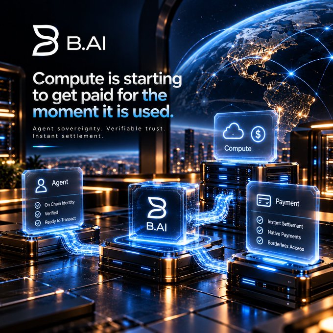 Promotional graphic for B.AI featuring the tagline 'Compute is starting to get paid for the moment it is used,' alongside features like 'Agent sovereignty. Verifiable trust. Instant settlement.' and sections for Agent, Compute, and Payment.