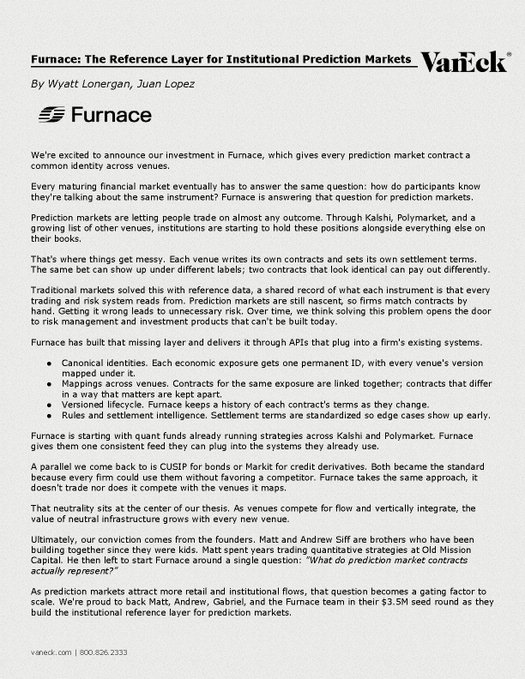 An article titled 'Furnace: The Reference Layer for Institutional Prediction Markets' by Varick, announcing an investment in Furnace and detailing its $3.5M seed round and technology for prediction market contract identification.