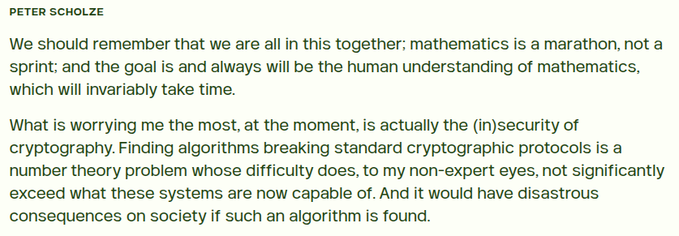 A quote from Peter Scholze discussing the importance of human understanding in mathematics and expressing concern about the security of cryptography and cryptographic protocols.