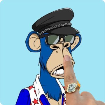 An NFT-style cartoon illustration of a blue monkey wearing a black military-style cap and sunglasses, with a human finger wearing a skull ring touching its face.