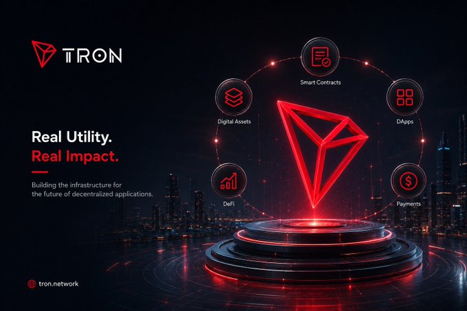 A Tron (TRON) promotional graphic with the tagline 'Real Utility. Real Impact.' and 'Building the infrastructure for the future of decentralized applications,' showcasing icons for Smart Contracts, DApps, Payments, DeFi, and Digital Assets.