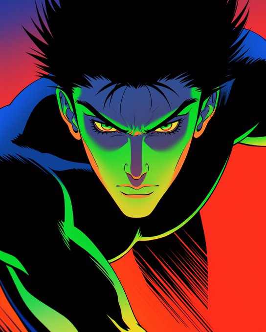 A vibrant, stylized comic illustration of a character with spiky black hair, intense glowing yellow eyes, and green-lit facial features against a red and blue gradient background.