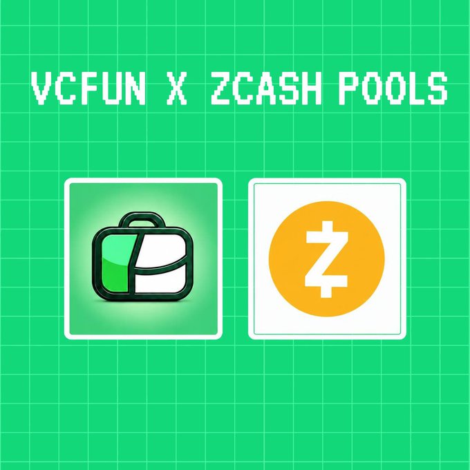 A pixel art style graphic with green background displaying "VCFUN X ZCASH POOLS" alongside wallet and Zcash logos.