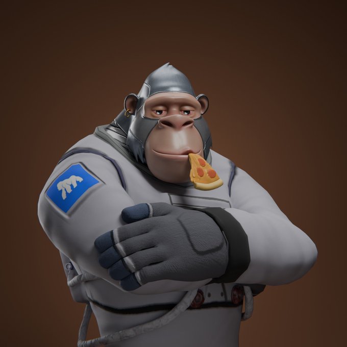 A 3D-rendered cartoon monkey character in a gray spacesuit holding a slice of pizza, with a blue badge featuring a small white figure on its shoulder.