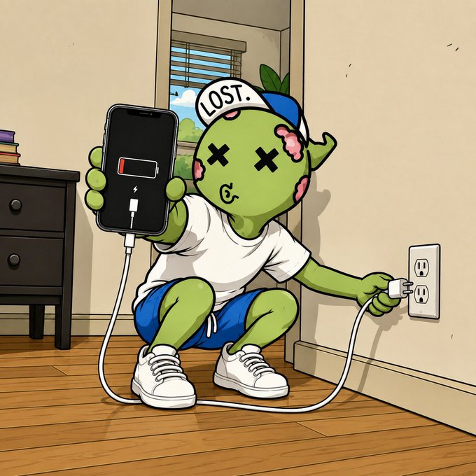 A cartoon illustration of a green zombie-like character wearing a "LOST." cap, kneeling on a wooden floor while holding a phone with a dead battery and plugging a charger into a wall outlet.