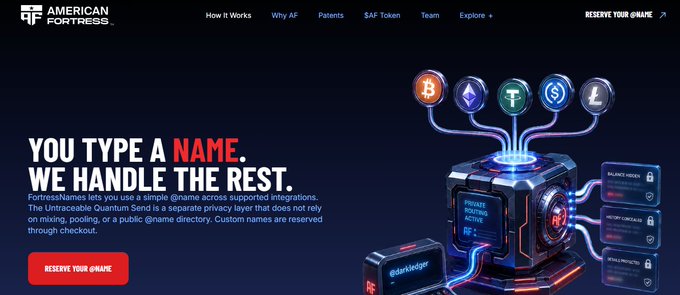 The American Fortress website homepage with the headline 'YOU TYPE A NAME. WE HANDLE THE REST.' explaining the Untraceable Quantum Send service, alongside a 3D graphic showing cryptocurrency logos connected to a privacy device.