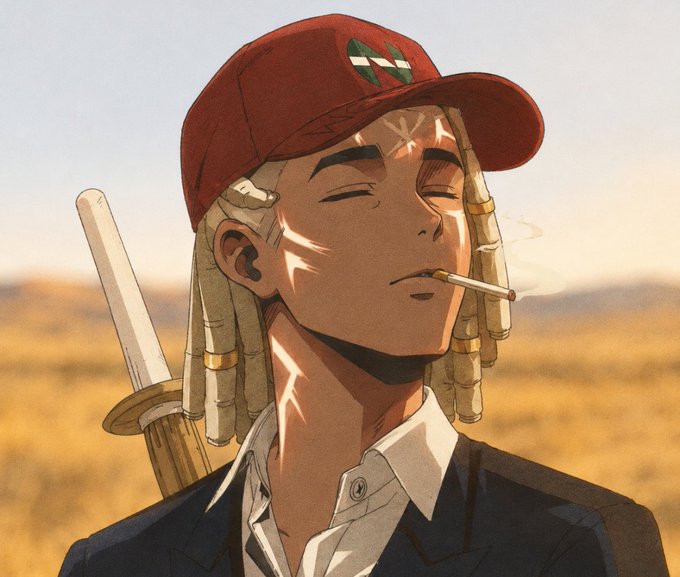 An anime-style illustration of a character with blonde braided hair, wearing a red cap with a green logo, smoking a cigarette, with a sword strapped to their back in a desert setting.