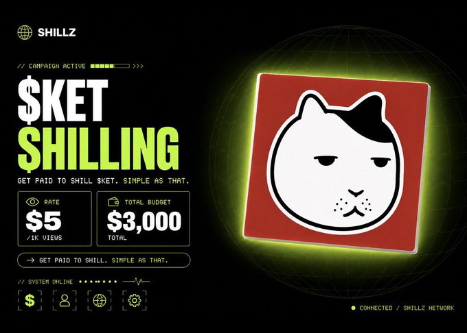 A promotional graphic for the "SHILLZ" platform advertising a "$KET $HILLING" campaign, offering $5 per 1K views from a $3,000 total budget, featuring a bored cat logo.