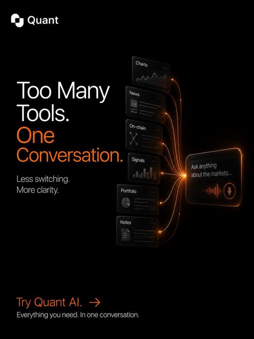 A dark advertisement for 'Quant' featuring the tagline 'Too Many Tools. One Conversation.' in orange and white text, showing various financial tool cards (Charts, News, On-chain, Signals, Portfolio, Notes) connecting to a central voice assistant interface.