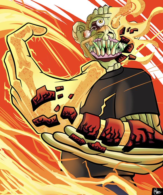 A dynamic cartoon illustration of a monstrous creature with sharp teeth and bulging eyes, wearing a black shirt, posed with glowing yellow energy swirling around it.