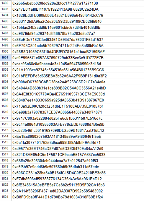 This image displays a spreadsheet-like table featuring a numbered list of hexadecimal codes, likely representing unique identifiers or keys. The accompanying text refers to "GTD spots" and "collabs," suggesting these codes are related to digital assets or participation in a project, with a deadline approaching for "collab spots" while direct purchase options remain.