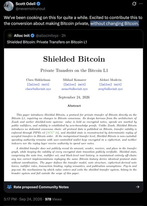 Twitter/X post by Scott Odell (@nevermotnhout) announcing a contributed academic paper titled 'Shielded Bitcoin: Private Transfers on the Bitcoin L1' by Clara Shikhelman, Mikhail Komarov, and Aleksei Moskvin.
