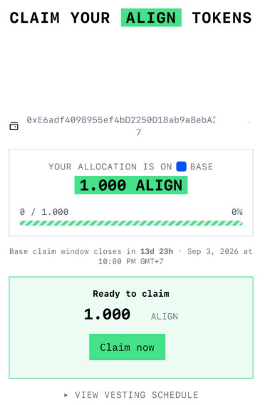 A screenshot showing a token claim interface for "ALIGN" tokens, displaying a wallet address (0xe6adf4098955ef4bd2250d18ab9a8ebA17...), an allocation of 1.000 ALIGN on Base network with 0% claimed, and a green "Claim now" button with a claim window closing in 13d 23h on Sep 3, 2026. This relates to the post about checking for an airdrop, where the user received a small 1.000 ALIGN token allocation—barely enough for a coffee as they mentioned hoping for at least 10u.