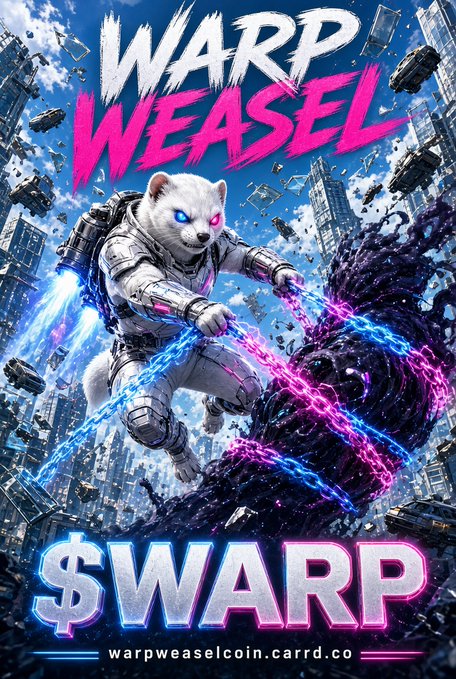 A vibrant promotional poster for '$WARP' cryptocurrency featuring 'WARP WEASEL' text, showing an armored white weasel character with glowing blue and pink eyes wielding pink and blue energy chains against a cityscape backdrop, with the URL 'warpweaselcoin.carrd.co' at the bottom.
