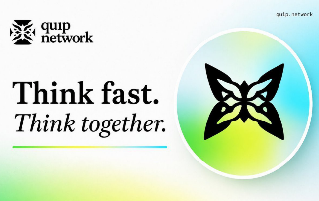 Quip Network promotional graphic featuring a butterfly logo with the tagline 'Think fast. Think together.' and website quip.network.