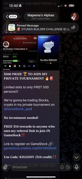 A Telegram mobile screenshot from 'Mapema's Alphas' advertising a '$500 PRIZE TO JOIN MY PRIVATE TOURNAMENT' on GameStock, with a referral link and code 'KHADDY'.