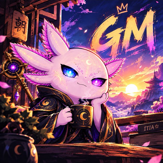 Digital artwork titled 'GM' featuring a cute axolotl-like creature in ornate robes holding a crescent moon mug, with a sunset and Asian-style architecture in the background, signed by ITIA.