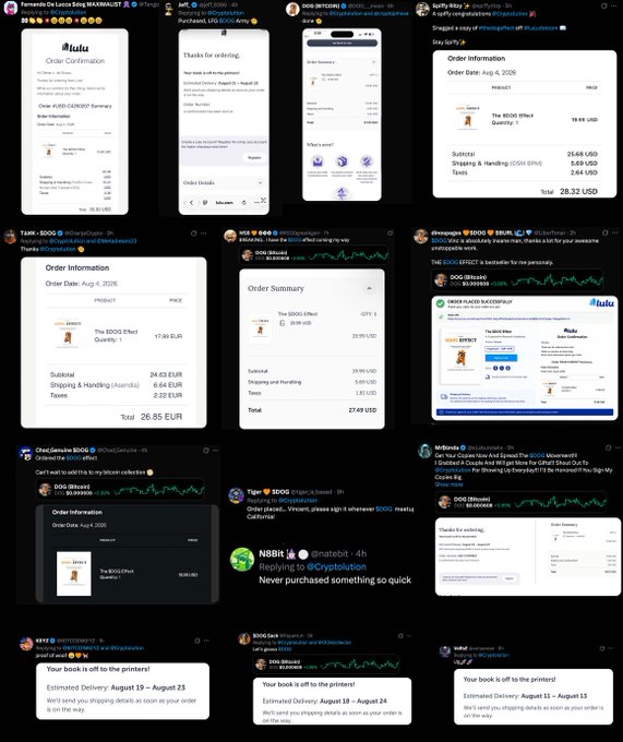 A grid of social media posts showing multiple customers sharing order confirmations, shipping details, and receipts for 'The $DOG Effect' book, displaying various international orders with prices in USD, EUR, and GBP.