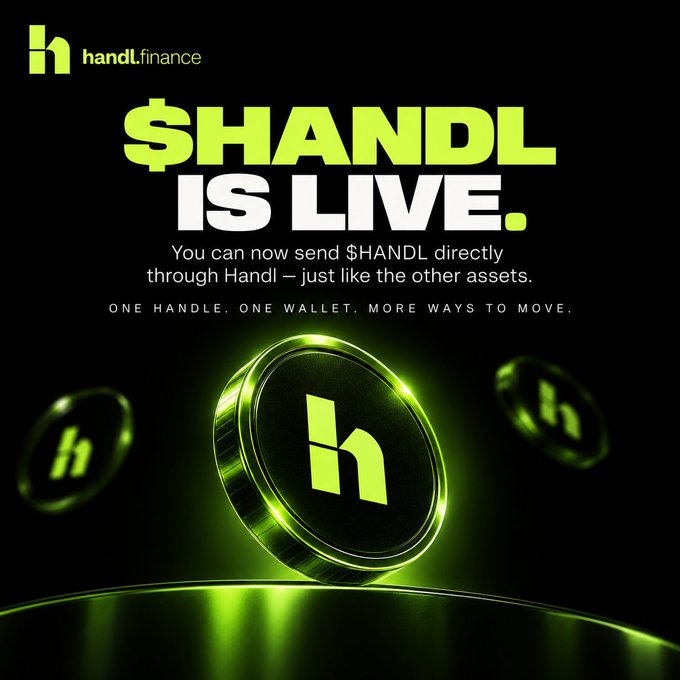 A promotional graphic for "handl.finance" announcing "$HANDL IS LIVE" with neon green text and a glowing coin featuring the "h" logo.
