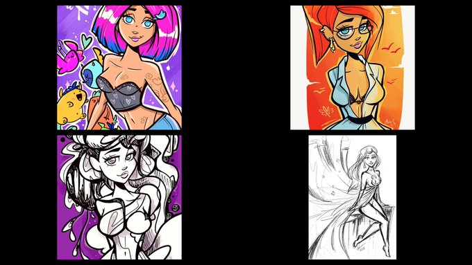 A four-panel display of stylized female character illustrations, featuring two color portraits with pink/red hair and two monochrome line art sketches.