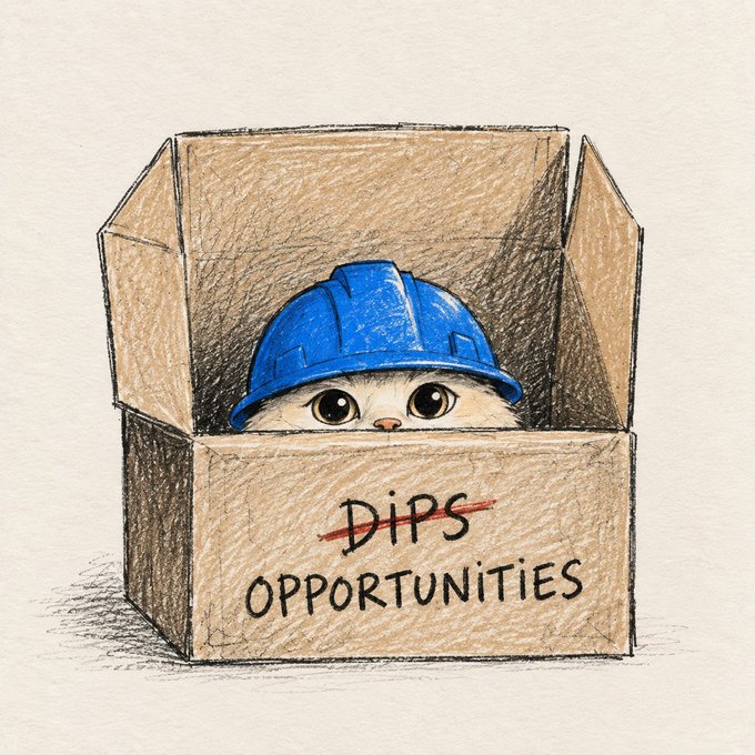 A cute cartoon kitten peeks out from inside a cardboard box labeled "DIPS OPPORTUNITIES" (with "DIPS" crossed out in red), wearing a blue hard hat to "protect" itself—visually echoing the post's "Oppurtunities" theme by humorously suggesting that dips and opportunities are essentially the same thing to a resilient investor.