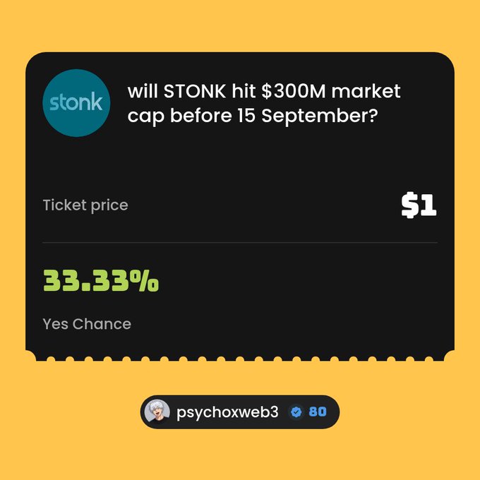 A digital prediction market ticket on a yellow background asks 'will STONK hit $300M market cap before 15 September?' with a $1 ticket price, a 33.33% 'Yes Chance', and a username 'psychoxweb3'.