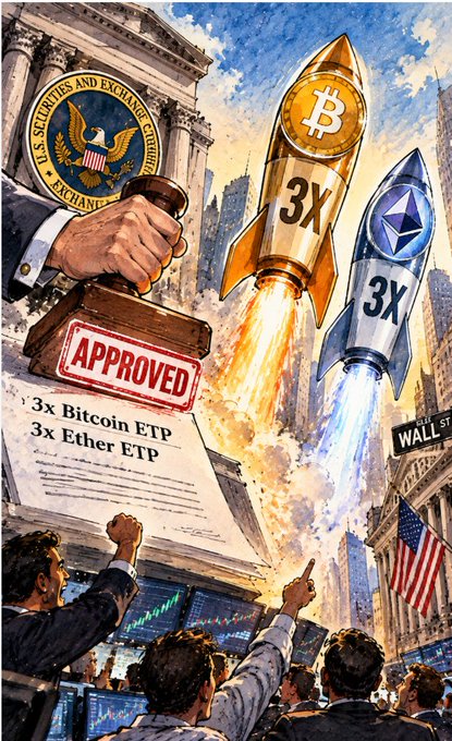 An illustration celebrates SEC approval of '3x Bitcoin ETP' and '3x Ether ETP' ETFs, featuring rockets labeled '3X' with Bitcoin and Ethereum logos, a judge's gavel, and an 'APPROVED' stamp.