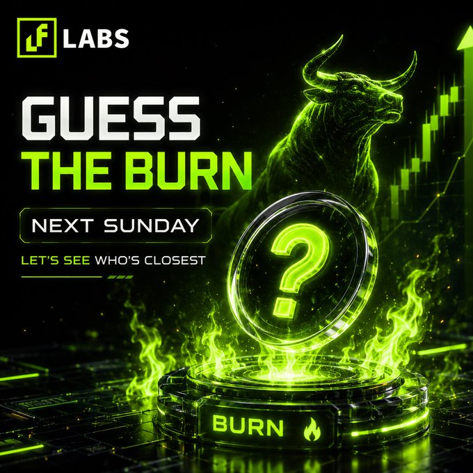 A glowing green bull stands behind a question-mark coin labeled "BURN," promoting an LF Labs "Guess The Burn" contest for next Sunday where users predict the next $LF token burn amount. The fiery green aesthetic and rising chart arrows visually reinforce the post's message about momentum and revenue-driven token burns.