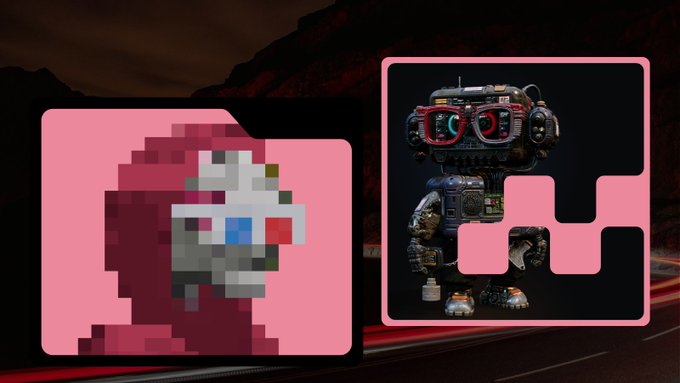 A digital graphic with pink folder icons containing a pixelated figure on the left and a detailed robot with headphones on the right, set against a dark road background.