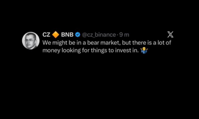 A screenshot of a tweet from CZ (Changpeng Zhao) at @cz_binance stating "We might be in a bear market, but there is a lot of money looking for things to invest in," reflecting the post's bullish sentiment and optimism about better times ahead despite current market conditions.