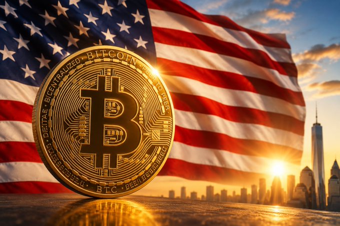 A golden Bitcoin coin rests against a waving American flag with a city skyline at sunset, symbolizing the U.S. economic landscape behind the cryptocurrency's price movements. The image ties to the post's discussion of how upcoming PCE inflation data will shape Federal Reserve rate cut expectations and Bitcoin's near-term direction.